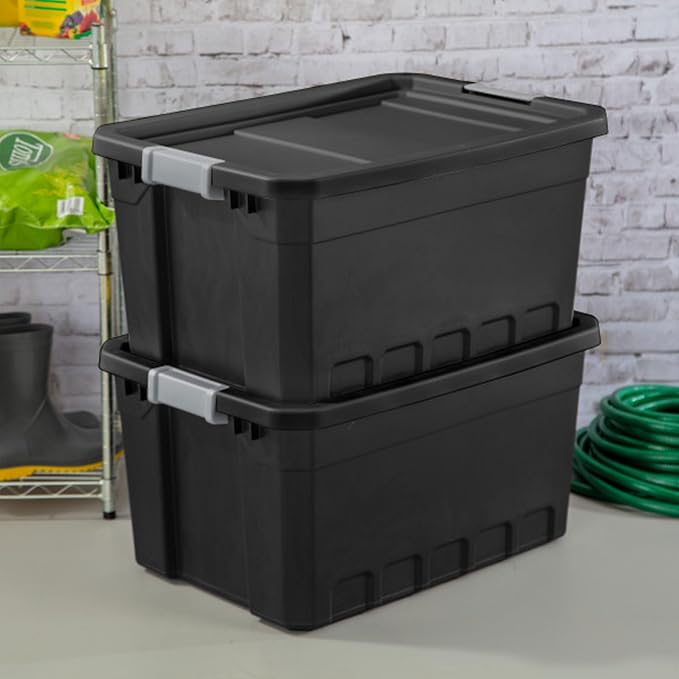 Sterilite Stacker Tote with Latching Lids for Garage, 19 Gallon, 12-Pack | Heavy-Duty and Stackable Plastic Boxes and Containers for Home, Desk, Cabinet, Dorm, Basement, or Utility Organization