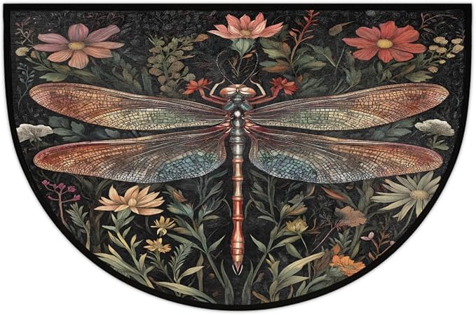 Dragonfly Half Round Door Mat Outdoor Doormat Bedroom Entrance Rug A18 | Dragonfly Flower Floral Semi Moon Door Mat Non-Slip Absorbent Kitchen Rug Indoor Welcome Bath Mat 36" X 24"