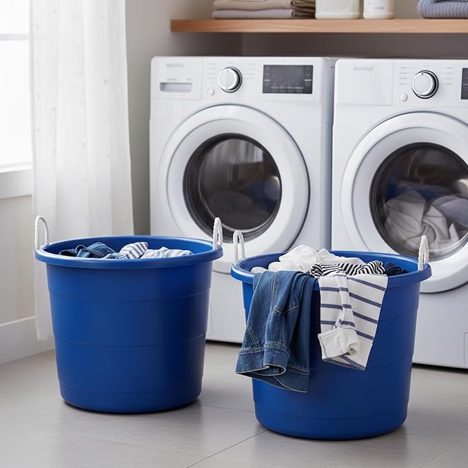 Homz 2 Pack of 17 Gallon Storage Buckets, Durable Plastic Containers, Sturdy Rope Handles, Large Tubs for Sports Equipment, Party Cooler, Gardening, Toys and Laundry, Blue