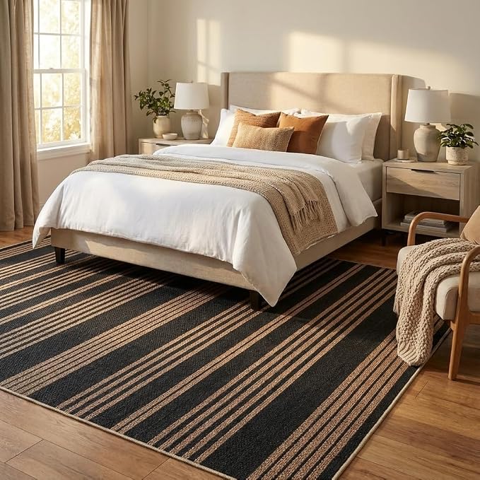 COZYLOOM Washable Living Room Rugs 9x12 Striped Easy Jute Rug with Non Slip Backing, Modern Stain Resistant Farmhouse Rugs for Patio Non Shedding Mats for Dining Room, Bedroom, RV, Black/Coffee