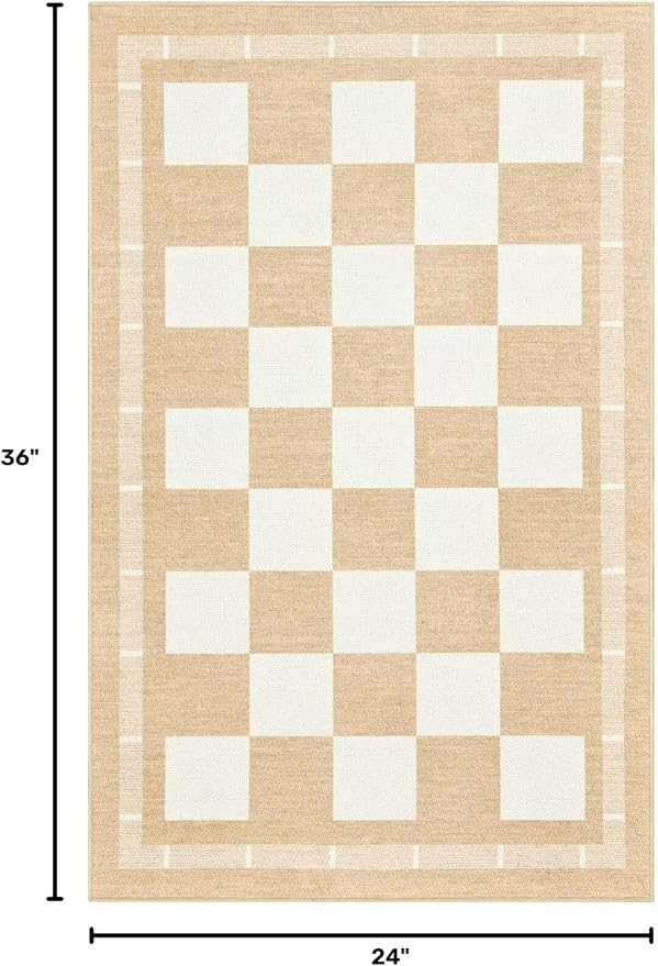 Vasofe Jute Checkered Outdoor Rug, 2x3 Small Entry Rug, Washable Indoor Mat | Front Door Mat, Non-slip Bedroom Bedside Rugs, Entrance Doorway Kitchen Mats, Plaid Farmhouse Porch Carpet, Khaki and White