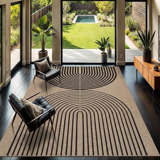 COZYLOOM 8x10 Patio Outdoor Rug, Modern Rainbow Easy Jute Rug with Non Slip Backing, Non Shedding Stain Resistant Arch Striped Area Rugs for Living Room, Bedroom, Dining Room, Backyard, Nature＆Black