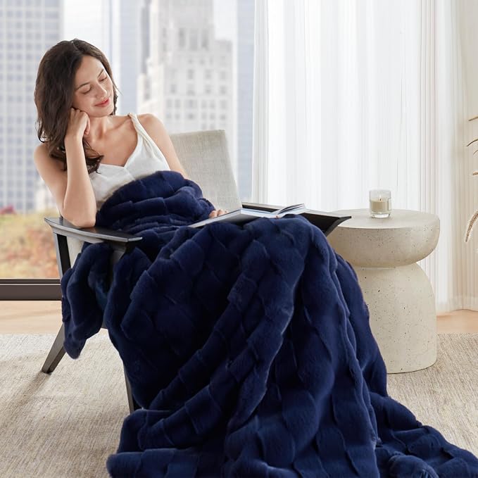 Madison Park Vivienne Faux Fur Throw Blanket Velvet, 50 x 60, Navy | All Season, Cozy Warmth for Sofa or Bed, Reversible, Lightweight, OEKO-TEX Certified