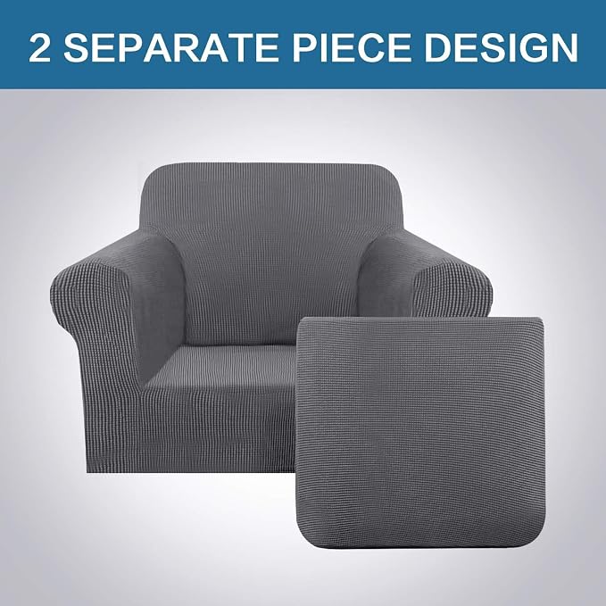 H.VERSAILTEX Stretch Armchair Cover 2 Piece Chair Covers for Living Room Furniture Cover Suit for T Cushion/Box Cushion Spandex Jacquard Fabric Small Checks(Armchair-Oversized, Charcoal Gray)