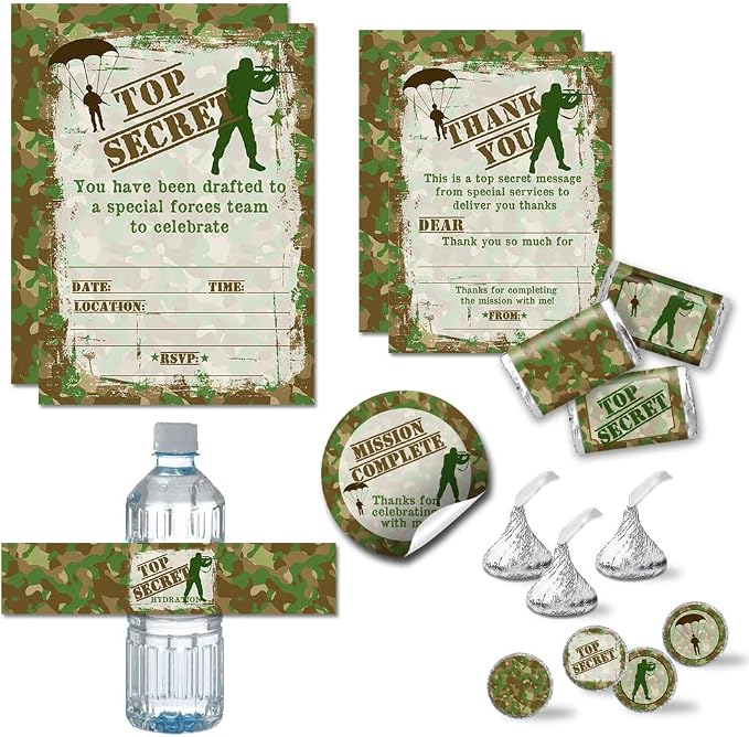 Amanda Creation Top Secret Camouflage Army Soldier Birthday Party Bundle Includes 20 Invitations & Thank You Cards & Envelopes + 2 Sizes of Stickers, & Water Bottle Labels!