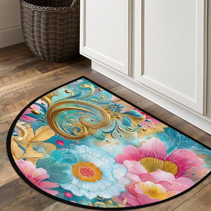 Flower Half Round Door Mat Semi Circle Rug Half Moon Doormat | Soft Washable Gold Turquoise Welcome Entrance Mat for Outdoor Indoor Floor Bedroom Bathroom Home Kitchen Festival Decor