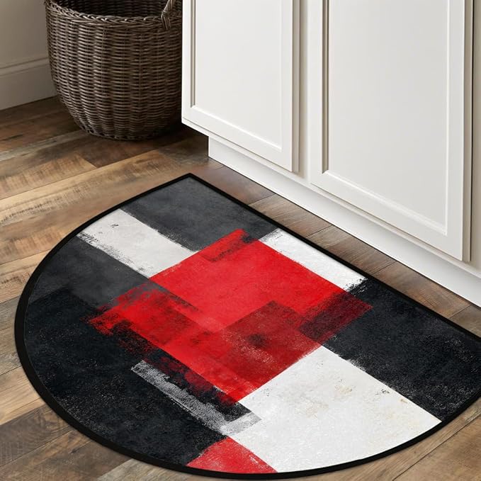 Black Red Half Round Doormat Semi Circle Rug Half Moon Rug Entryway Mat | Black Red Washable Non Slip Outdoor Floor Rug Kitchen Mat for Indoor Outdoor Bathroom Fireplace Bath Decor