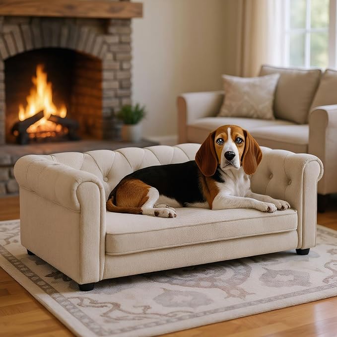 Elevated Dog Sofa with Backrest and Armrests, Button Tufted Dog Couch Bed with Soft Cushion for Medium Dogs, Stylish Lounging Bed Pet Couch Chair, 60Lbs Weight Capacity, Beige