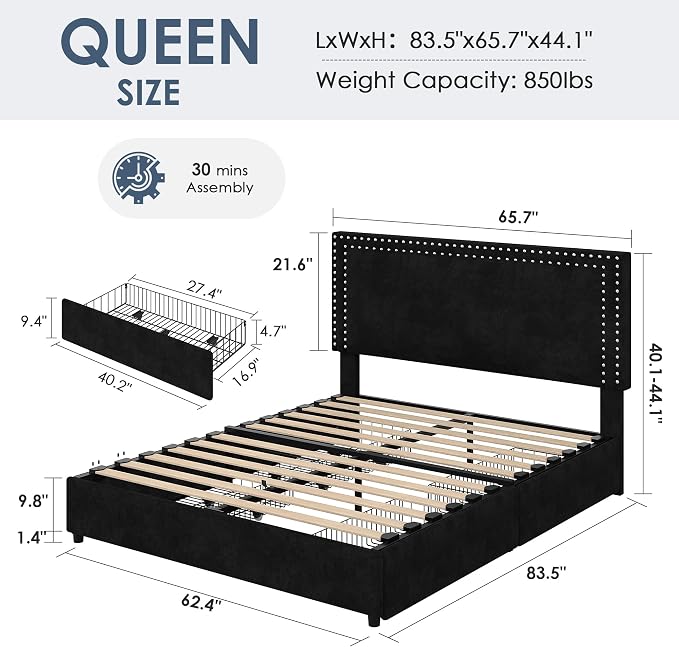 VECELO Queen Size Upholstered Bed Frame with 4 Storage Drawers, Adjustable Velvet Rivet Decor Headboard, Wooden Slats Platform Support, No Box Spring Needed, Easy Assembly,Black