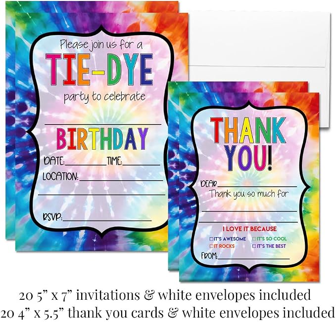 Amanda Creation Deluxe Colorful Tie-Dye Birthday Party Bundle Includes 20 Invitations & Thank You Cards with Envelopes + 3 Different Sizes of Stickers & Water Bottle Labels!
