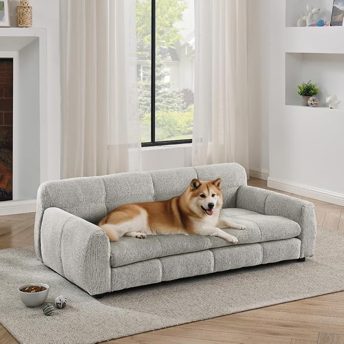 51" Dog Sofa Couch Bed for Small, Medium, Large Dogs, Soft Memory Foam Pet Sofa with Durable Linen Fabric, Comfortable Pet Couch with Backrest and Armrests, Easy to Clean and Maintain（Beige）