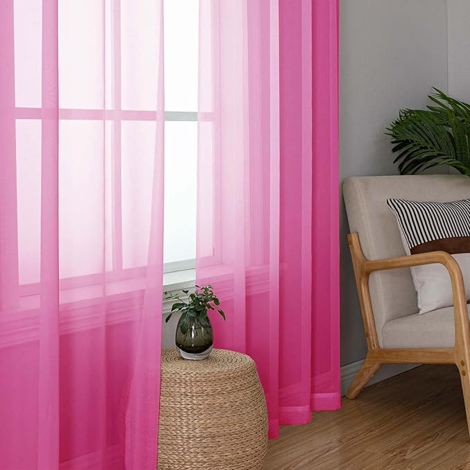 Lecloud Hot Pink Sheer Curtains 72 Inches Long 2 Panels, Solid Voile Light - Image 2