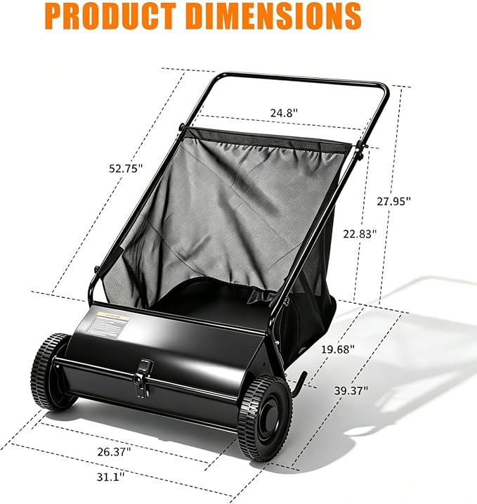 Push Lawn Sweeper, 26 in Grass Sweeper Leaf Collector with 7 Cu.ft Mesh Bag, Yard Sweeper with Adjustable Brush Height and 4 Spinning Brushes for Cleanup, Lawn Care Equipment