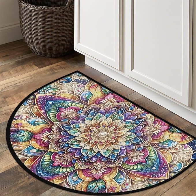 Mandala Flowers Half Round Rug Half Moon Door Mat Half Circle Rugs | Ethnic Washable Non-Slip Semi Circle Rug Welcome Half Round Door Mat Indoor Entrance Kitchen Bedroom Living Room Decor