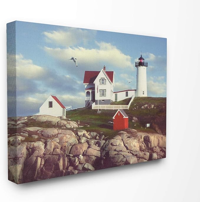 Stupell Industries 'Nubble Break Water Rocks White Lighthouse'| Canvas Art | Stupell Industries | 48 x 36 Inches, Easy to Hang and Sturdy, Made in USA, by Alan Giana & Company