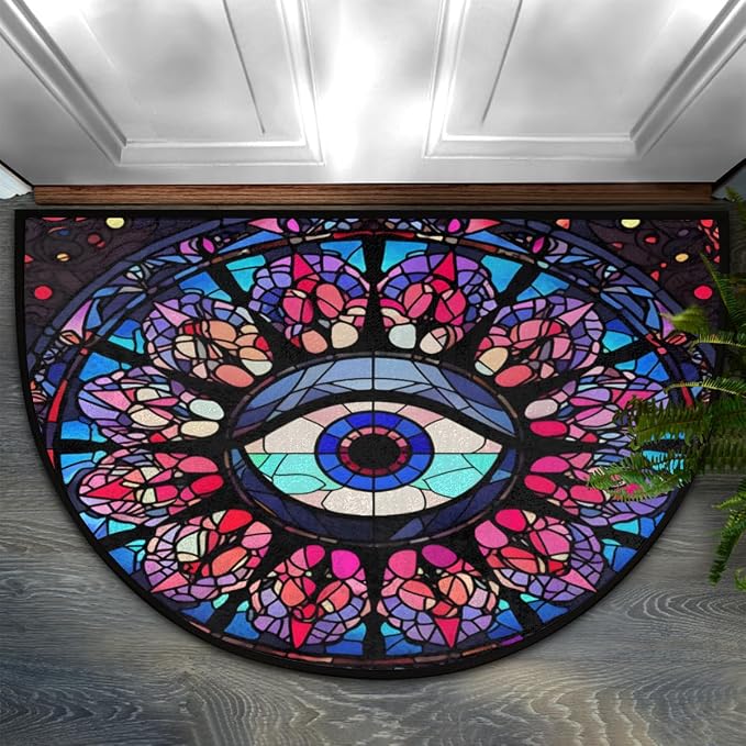 Colorful Eye Stained Glass Window Half Round Door Mat, Non-Slip Entrance Welcome Mat for Indoor Semi Circle Bathroom Floor Rugs Outdoor Mats House Heavy Duty Doormat for Kitchen Living Room 36x24 Inch