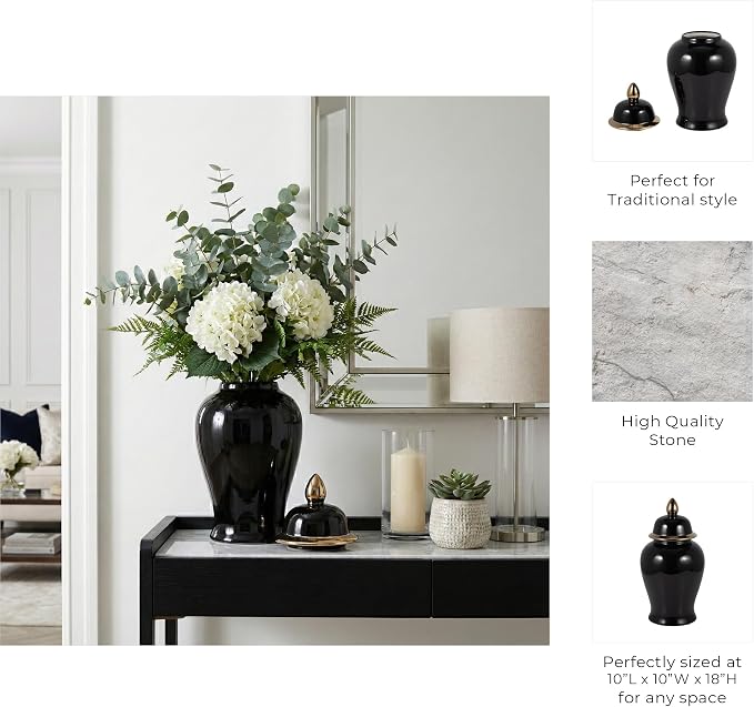Ceramic Temple Jar with Lid for Living Room Decor - Contemporary Flower Vase for Bedroom, Home Styling, and Kitchen Counter - Sculpted House Accent for Office and Table Decor - 18", Black & Gold