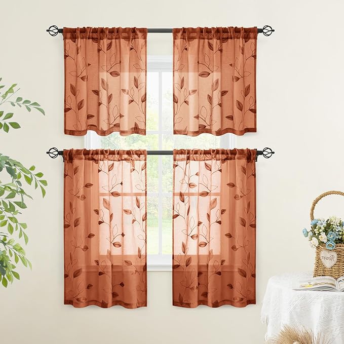 HOMEIDEAS Fall Burnt Orange Sheer Kitchen Curtains 30 X 24 Inch Length 2 Panels - Image 5