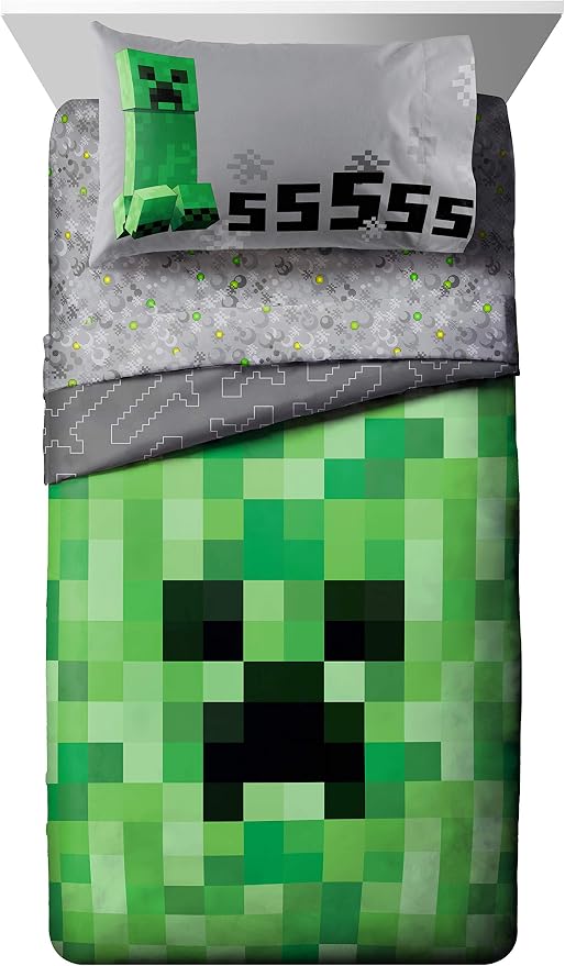 Minecraft Creeper Full Comforter Set 5 Piece Kids Bedding for Boys, Green | Bed in a Bag, Comforter Sheets Pillowcases, Official Product, Soft Microfiber, Machine Washable, Easy Care, Boys Gift