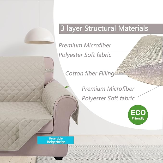 U-NICE HOME Reversible Sofa Cover Couch Cover for Dogs with Elastic Straps Water Resistant Furniture Protector for Pets Couch Cover for 3 Cushion Couch (Sofa, Beige/Beige)