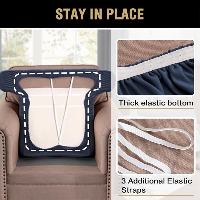 H.VERSAILTEX Stretch Velvet T Cushion Chair Covers for Living Room Armchair Sofa Cover Couch Cover Slipcover T Cushion Seat Cover Stay with Elastic Bands(Armchair, Navy)
