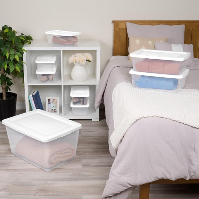 Sterilite Clear Storage Box Stackable Tote, 58 Quart, 18-Pack | Clear Plastic Container with Secure Snapping Lids for Home and Office Organization, White