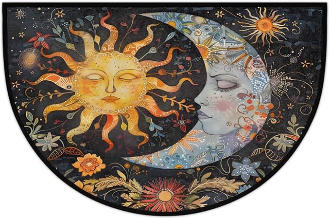 Sun Moon Half Round Doormat Semi Circle Rug Half Moon Rug Entryway Mat | Ethnic Washable Non Slip Outdoor Floor Rug Kitchen Mat for Indoor Outdoor Bathroom Fireplace Bath Decor