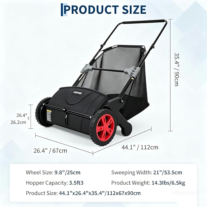 21-Inch Push Lawn Sweeper, Manual Leaf Sweeper with 3.5 Cu. ft. Mesh Bag, 2 Spinning Brushes & 10" Rubber Wheels, Walk-Behind Grass Collector for Lawn Yard Debris