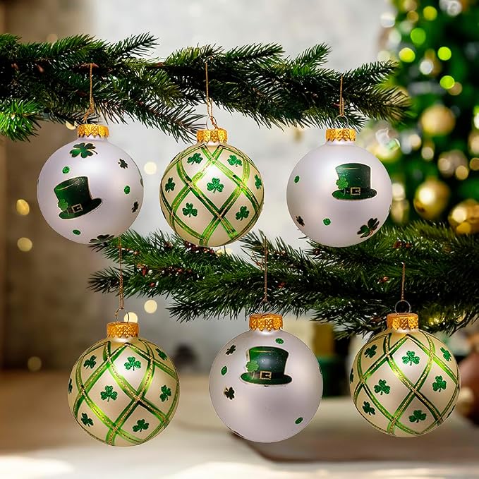 Kurt Adler 80MM Silver and Light Green St. Patrick Glass Ball Ornaments, 6 Piece Box