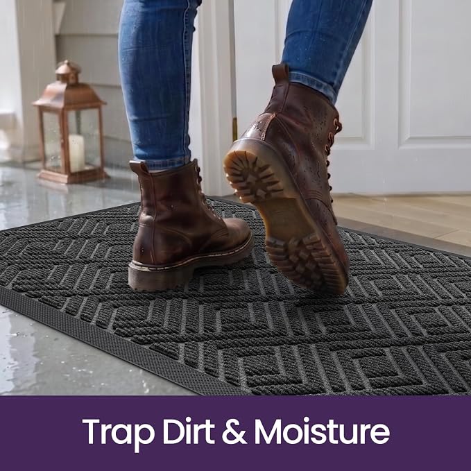DEXI Front Door Mat Outside Entrance, 32x48 Heavy Duty Entry Doormat Dirt Trapper with Rubber Back, Non Slip Low Profile Floor Mats for Entryway Exterior Patio, Checkered Grey