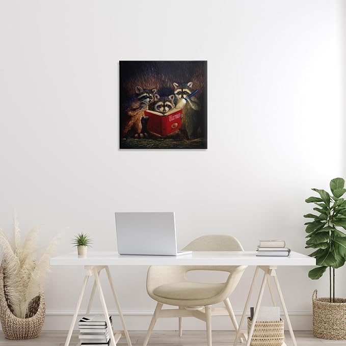 Fun Raccoon Trio Reading Book, 24 x 24 Inch Canvas Wall Art | Stupell Industries · By Lucia Heffernan · Ready to hang · Whimsical gift for animal lovers · Made in USA