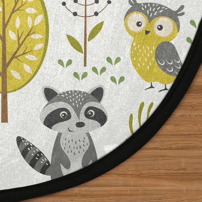 Woodland Animals Round Area Rug, Fox Elk Bear Mushroom Non-Slip Circle Rug for Bedroom Living Room Outdoor Study Playing Floor Mat Carpet, 5.2' Diameter