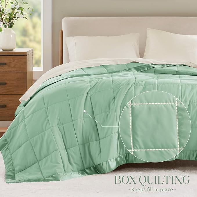 Madison Park Down Alternative Queen Blanket for Bed, Satin Trim, Seafoam | Lightweight Windom Blanket Full Size Premium 3M Scotchgard Moisture Wicking Treatment, OEKO TEX, Soft Bed Cover, All Season