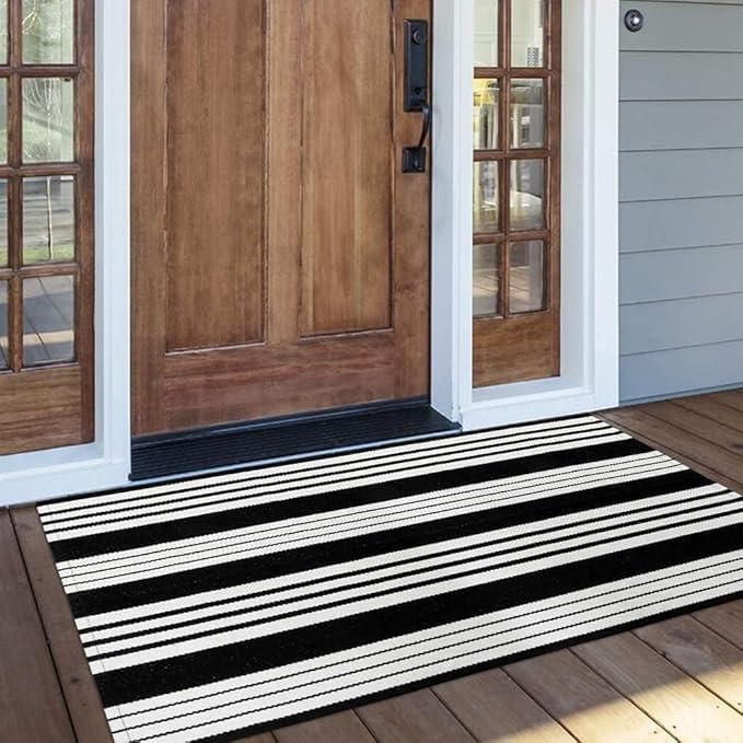 OJIA Black and White Striped Outdoor Rug 24"x51" Front Door Mat Porch Rugs | Washable Fall Front Door Mat Outside Entrance Entry Rug Doormat Outside Cotton Woven Indoor Area Rugs for Entryway Decor