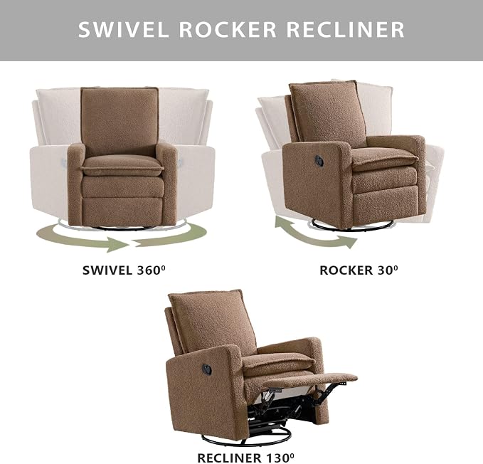 Oxford Baby Uptown Upholstered Glider Recliner Rocking Chair 360° Swivel for Nursery and Living Room - Teddy Brown, Green Guard Gold Certified