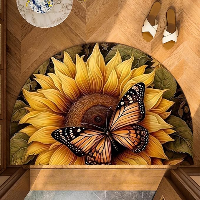 Fchen art Bright Sunflower Butterfly Half Round Door Mat – Non Slip Washable Semi Circle Area Rug, Summer Floral Indoor/Outdoor Entrance Doormat for Entryway Kitchen Bathroom, 17x30 Inches