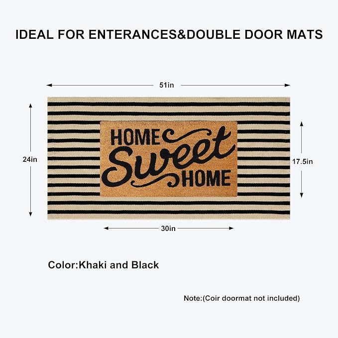 KIMODE Front Door Mats 24"x51", Machine Washable Farmhouse Fall Front Porch Rug Decor, Striped Layered Door Mats Outdoor, Cotton Hand Woven Entryway Rug for Entry, Doorway, Kitchen Black and Khaki