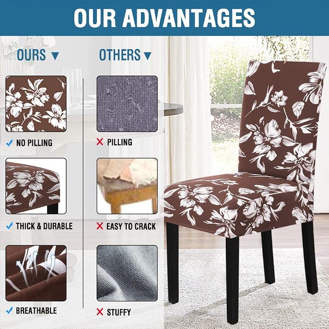 H.VERSAILTEX Stretch Dining Chair Covers Set of 6 Chair Covers for Dining Room Parsons Chair Slipcover Chair Protectors Covers Dining, Feature Modern Floral Printed Design, Chocolate