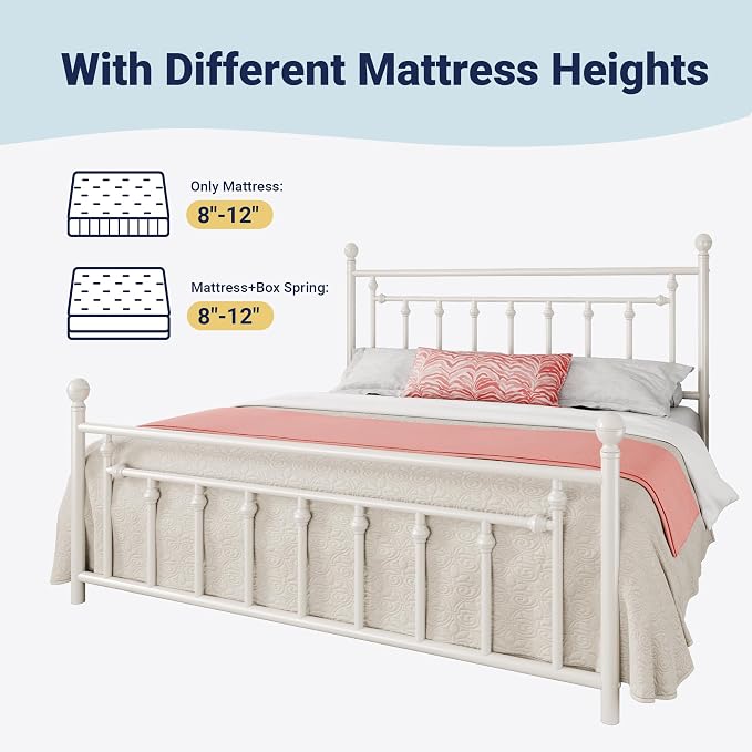 Allewie 14'' King Size Metal Platform Bed Frame, Vintage Headboard, White | 50'' Tall Victorian Headboard/Footboard/Mattress Foundation/Under Bed Storage/No Box Spring Needed/Easy Assembly/Noise Free