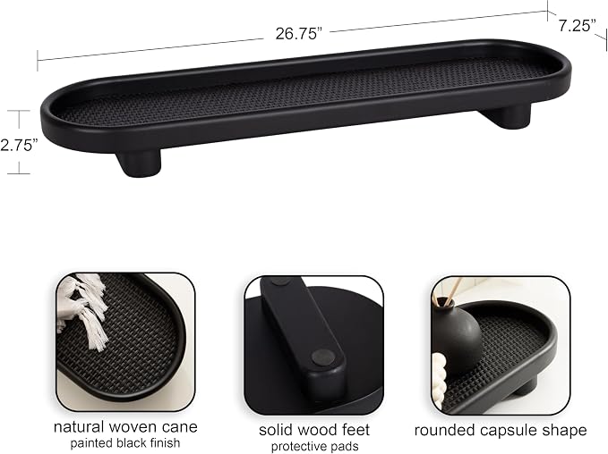 Kate and Laurel Planche Decorative Capsule Woven Tray with Solid Wood Frame; 27 x 8; Black; Modern Slim Wood Rectangle Serving Tray for Living Room