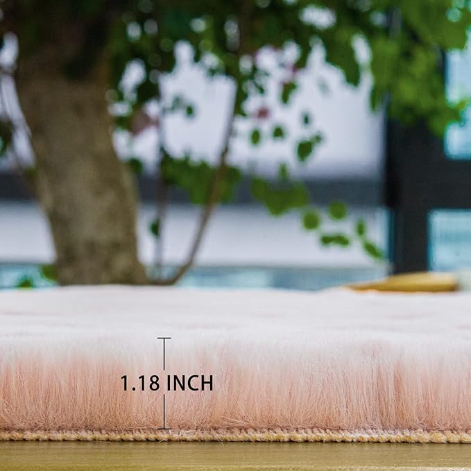 ORINOVA Pink Plush Washable Fluffy Fur Rugs for Living Room Shag Faux Rabbit Fuzzy Fur Area Rugs for Bedroom 2x6 Rug Oblong Nursery Rug