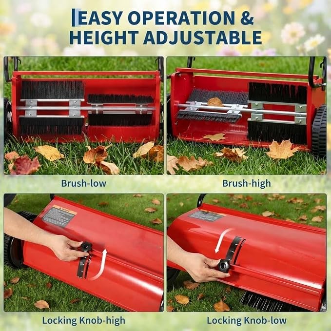 Steel 26 Inch Push Lawn Sweeper with 7 Cu ft Hopper Bag | Walk Behind Heavy Duty Leaf Collector and Yard Sweeper, Adjustable Brush Height for Patio Driveway & Garden Grass