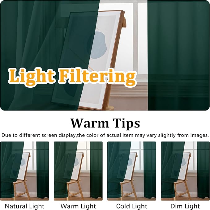 Gwine Hunter Green Sheer Curtain Tiers 24 Inch Length, Light Filtering Voile - Image 6