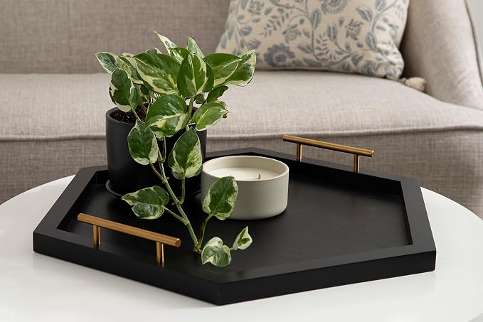Kate and Laurel Halsey Hexagon Decorative Wooden Tray with Polished Metal Handles; 22 x 19; Black and Gold; Modern Glam Wood Hexagon Serving Tray for Display or Decoration