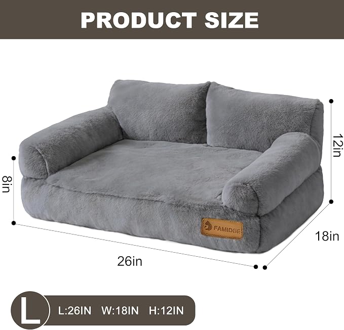 FAMIDGE Plush Cat Couch Bed - Cat Bed for Indoor Cats, Dog Sofa Bed, Short Rabbit Fleece Calming Pet Couch with Removable Cover, Anti-Shedding Pet Sofa for Small/Medium Pets (26×18×12in, Dark Grey)