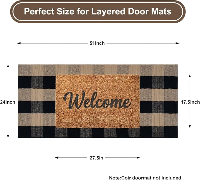 KIMODE Front Door Mat Outside Entrance 24"x51",Black and Tan Checkered Outdoor Rug,Farmhouse Fall Front Porch Rug Decor,Cotton Woven Washable Layering Rug for Front Door,Outside Entrance,Kitchen