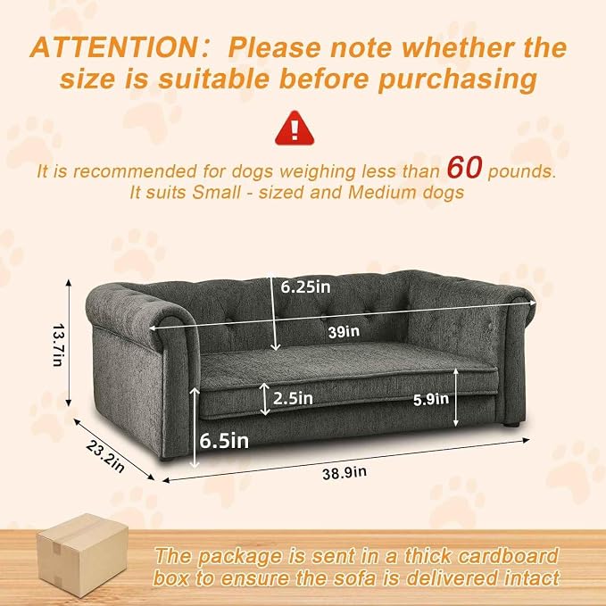 Dog Sofa for Small & Medium Dogs | Removable & Washable | No Assembly Required | Breathable Linen Fabric | Soft Foam |Floor-friendly sofa legs | Dark grey
