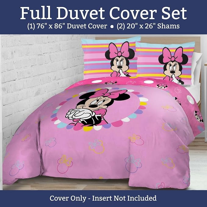 Jay Franco Duvet Cover Set – 3 Piece Comforter Cover and Sham Set, Super Soft Cozy Kids Bedding (Insert Not Included) Pink- Minnie Mouse, Full