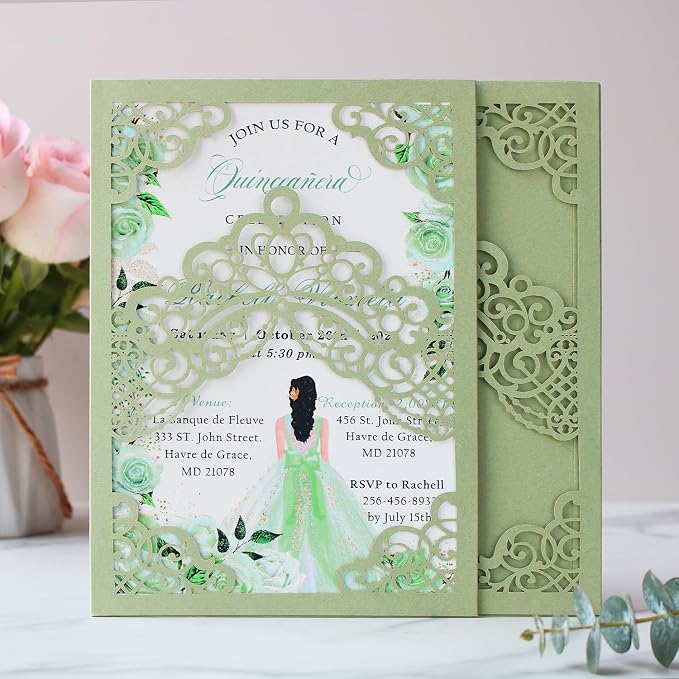 Hosmsua 50PCS Blank Sage Green Quinceanera Invitations with Envelopes, 5.1x7.3 Inch Laser Cut Floral Crown Pocket Invitation Cards for Quinceanera Birthday Quince Anos