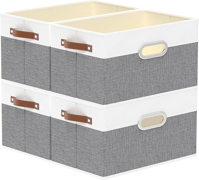 Yawinhe Fabric Storage Baskets,13.0x9.1x7.9in,White/Grey,4-Pack | Foldable Storage Bins for Shelves, Closet Bins for Organization, Collapsible Storage Baskets for Towels, Rectangle Basket